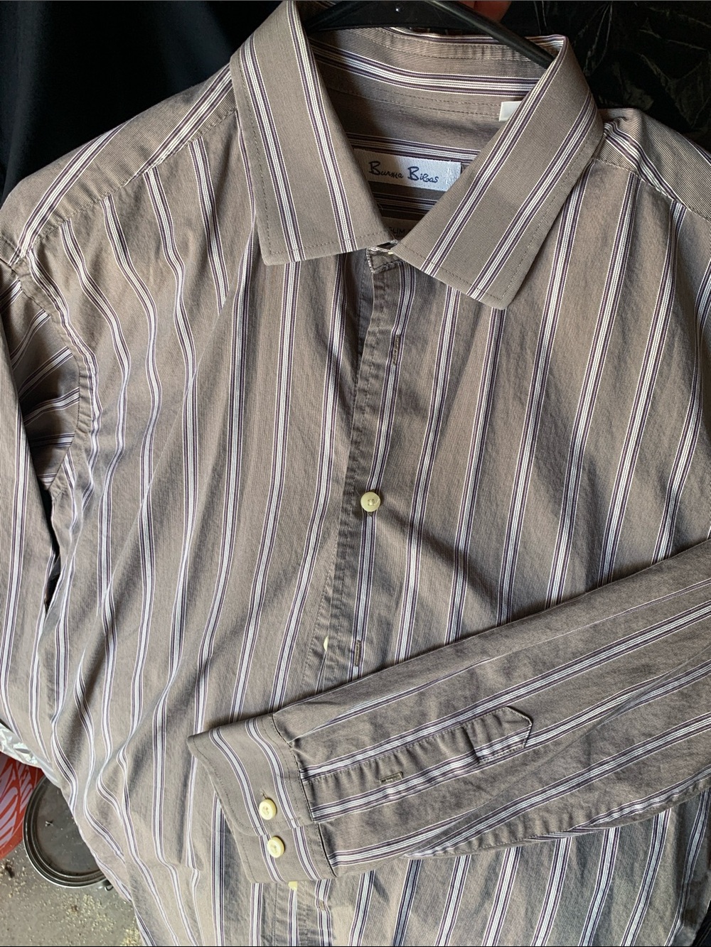 100%cotton Taupe w/purple accent stripes button down shirt.